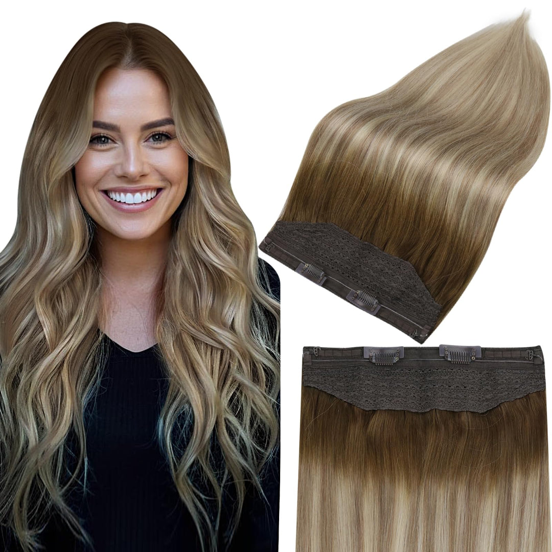 Fshine Wire Human Hair Extensions 14 Inch Balayage Walnut Brown to Ash Brown and Butter Blonde Transparent Fish Line Clip in Hair Extensions 100G