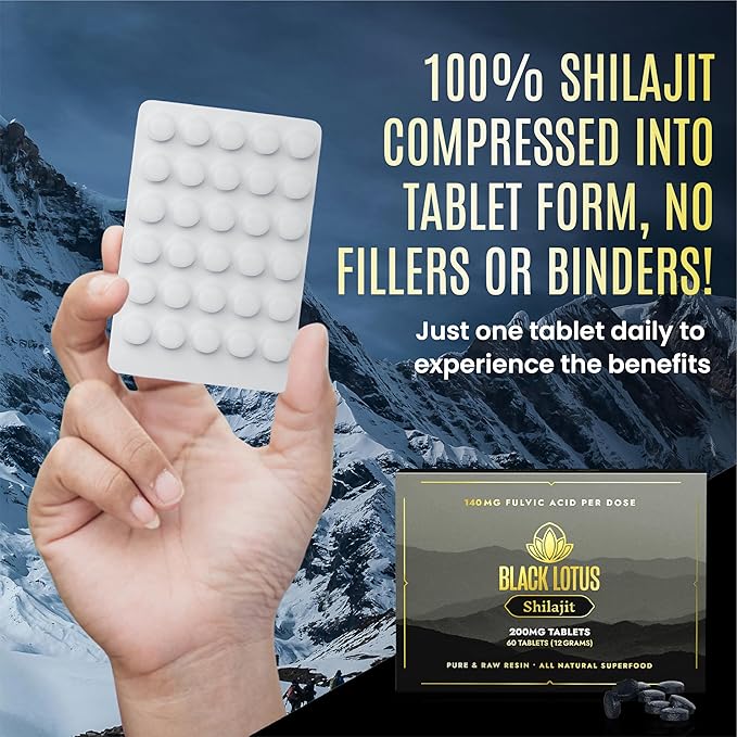 Resin Tablets, 60 Count, 200mg Each, 100% Pure Natural Shilajit for Men & Women with Amino Acids, 140mg Fulvic Acid, 85 Ionic Trace Minerals, for Immune Support, Focus, Energy
