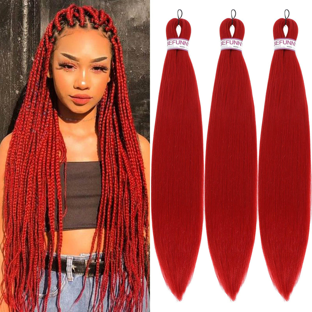 Befunny Braiding Hair,24 Inch 3 Packs Red Pre Stretched Braiding Hair,Prestretched Braiding Hair For Black Women Human Hair,Prof