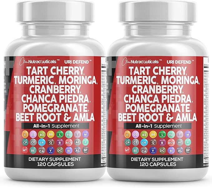 Clean Nutraceuticals Tart Cherry Extract Capsules with Turmeric Moringa Cranberry Chanca Piedra Celery Quercetin ACV Pomegranate L Selenomethionine - Uric Levels - 2Pack