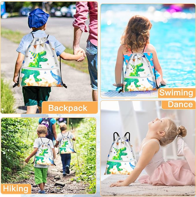 Slohif Drawstring Backpack Beach Swim Bag for Kids Draw String Dance Travel Cinch Ballet Gym Bags for Girls Boys Green Dinosaur Waterproof Backpack for Swimming Summer Camp Pool Sports Nylon Large