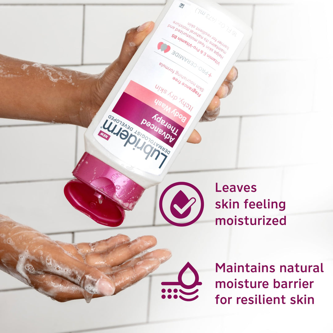 Lubriderm Advanced Therapy Body Wash, Unscented Nourishing Cleanser with Pro-Ceramide, Vitamin E & Pro-Vitamin B5 Gently Cleanses Itchy, Dry Skin, Fragrance Free, Hypoallergenic, 16 fl. oz