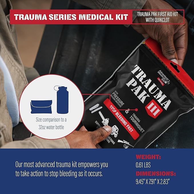 Adventure Medical Kit Trauma Pak III - Medical First Aid Kit - Emergency Trauma Kit with Trauma Bandage, Tourniquet, Trauma Guide & More - Compact First Aid Kit for Wound Care