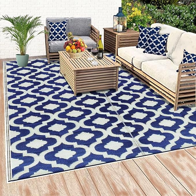 BalajeesUSA Recycled Outdoor Plastic Patio Rugs Clearance Waterproof RV Camper Rug Large Reversible mats 6'x9' Blue & White 20317