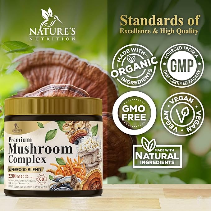 Mushroom Powder - 11 in 1 Complex Mushroom Supplement with Organic Lions Mane, Reishi, Cordyceps, Chaga, Turkey Tail, Maitake Extract for Memory, Brain, Energy, Focus, & Immune Support - 60 Servings