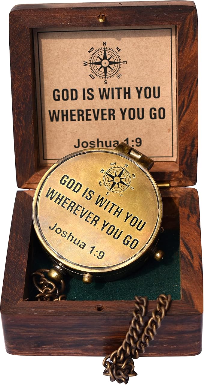 Be Strong and Courageous (Joshua 1:9) Brass Compass with wooden Box-Engraved Scripture Prayer Compass Religious Gift for Men & Women - Baptism, Confirmation, Communion Compass for Boys Graduation Gift