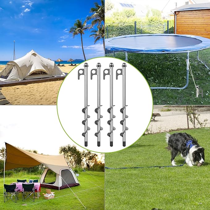 12 Inch Ground Anchors, 4 Pcs Heavy Duty Tent Stakes, Easy to Install and Reusable, for Camping Tents, Trampolines, Sheds, Swing Sets, Securing Animals
