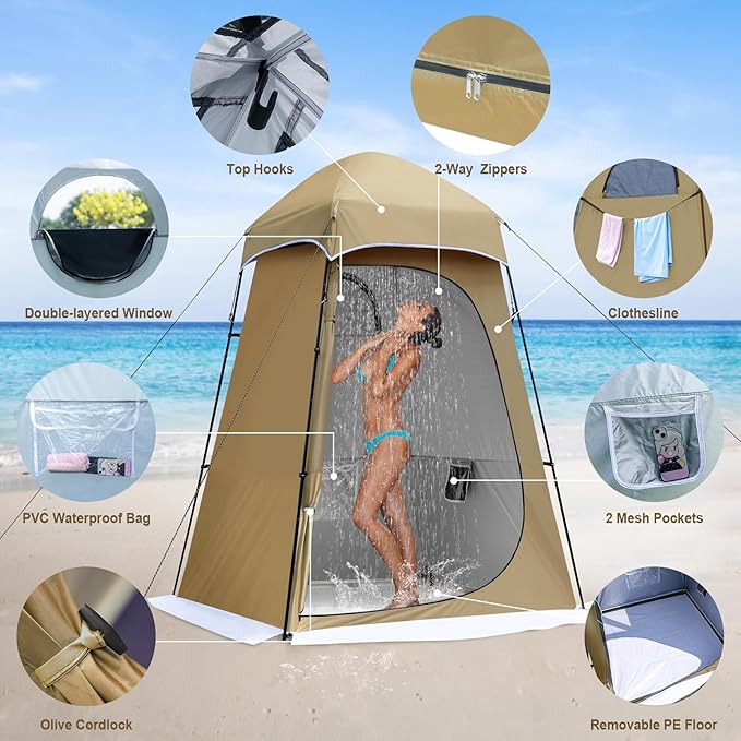Camping Shower Tent, Oversize Pop Up Changing Tent, Portable Outdoor Bathroom Toilet Tent with Floor, Easy Set Up Privacy Shelter for Dressing, Hiking, Fishing, UPF50+