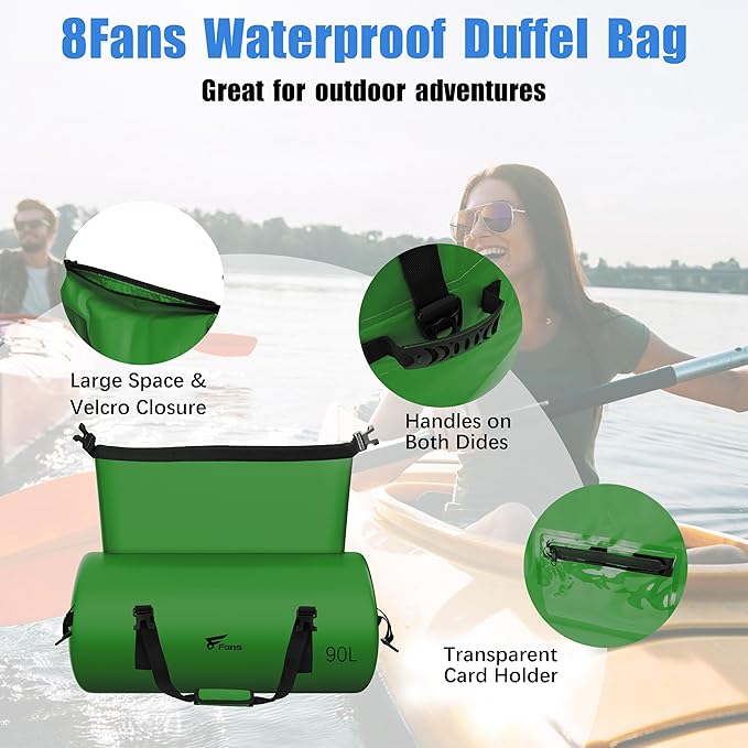 8 Fans Extra Large Waterproof Duffle Bag,Heavy Duty Travel Dry Bag with Durable Straps & Handles, Ideal for Kayaking,Paddleboarding,Boating,Rafting,and Fishing (Green, 90L)