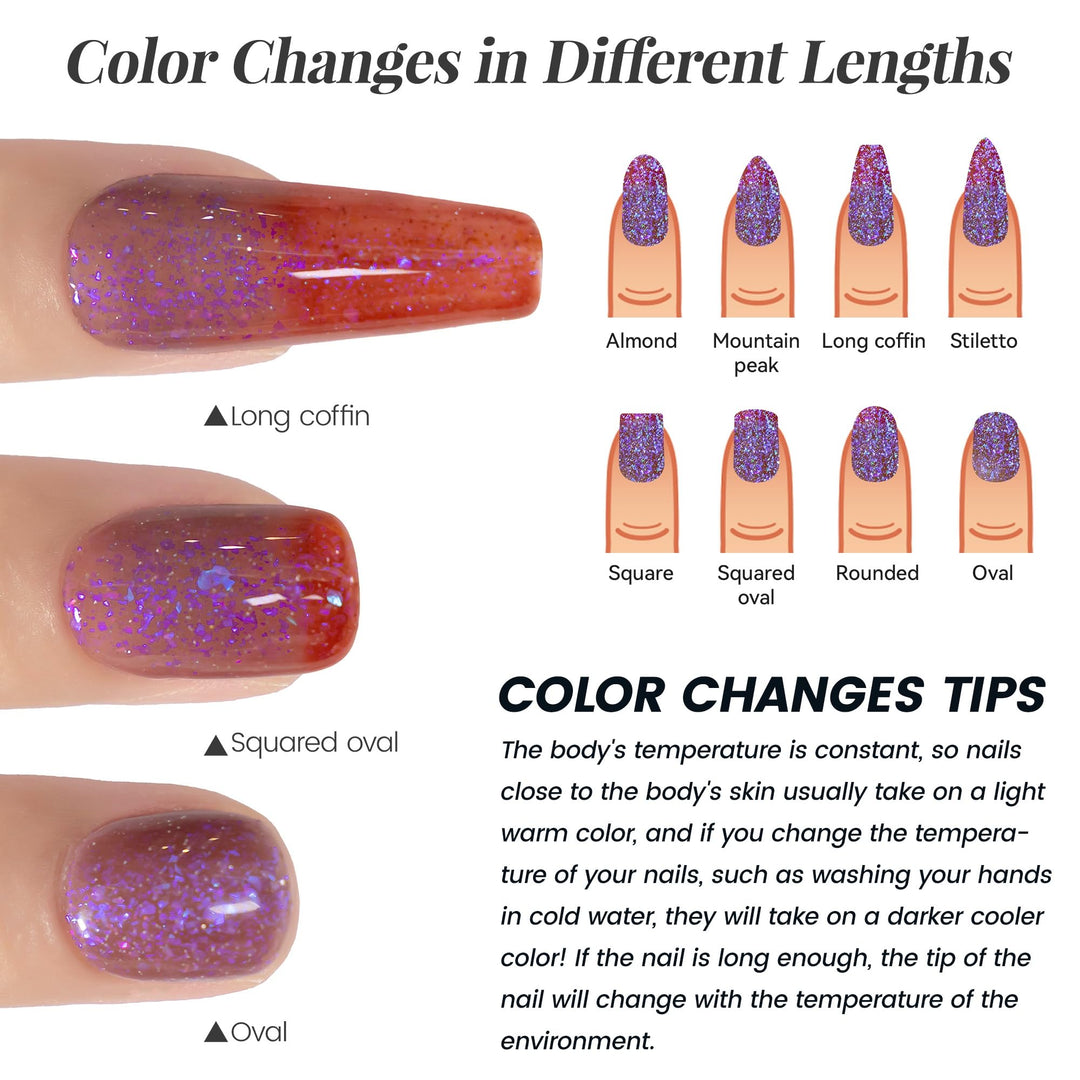 YTD Likomey Brocade Glitter Color Changing Gel Nail Polish,15ml Light Purple To Jujube Red Shimmer Mood Temperature Change Colors Iridescent Flakes,Spring Summer Thermal UV Nail Gel,WB340