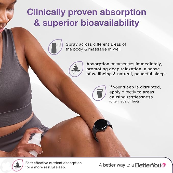 BetterYou Magnesium Sleep Body Spray - Relaxing Topical Magnesium and Essential Oil Spray - Lavender and Chamomile - Promotes Better Sleep - 3.38 oz