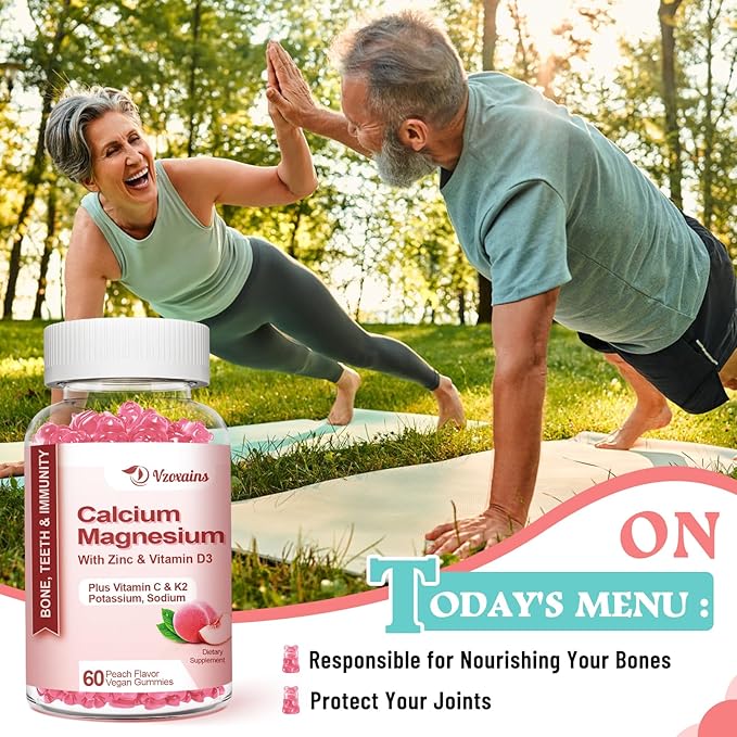 High Absorption Calcium Gummies, Sugar Free Calcium Magnesium Zinc Gummies with Vitamin D3 for Men and Women, Peach Flavored 60 Cts