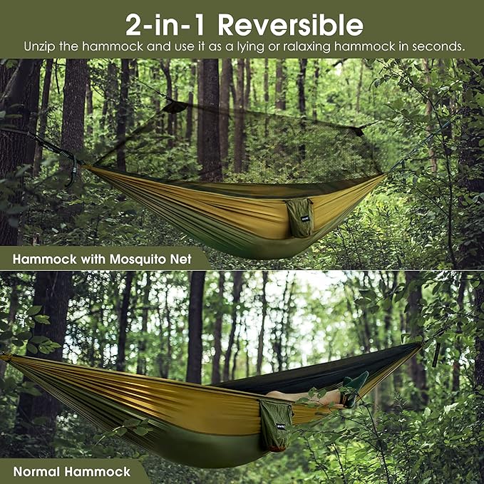 G4Free Large Camping Hammock with Mosquito Net 2 Person Pop-up Parachute Lightweight Hanging Hammocks Tree Straps Swing Bed for Outdoor Backpacking Backyard Hiking