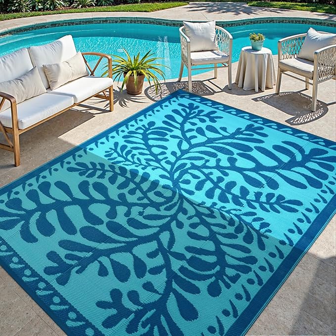 Anidaroel 8x10 Outdoor Rug for Patios Clearance, Waterproof Camping Rug for Outside RV, Reversible Plastic Straw Outside Rugs, Large Outdoor Area Rug for Garden, Camper(Blue,8’x10’)
