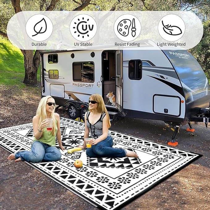 Waterproof Outdoor Rug 8x10ft, Reversible Plastic Straw Mat Rugs for Patio RV Deck Porch Backyard Balcony Camping Picnic Beach Indoor Outdoor Carpet, Black&White