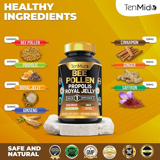 Organic Bee Pollen Supplement - 7in1 Formula - Combine with Propolis, Royal Jelly, Panax Ginseng, Ceylon Cinnamon, Ginger, and Saffron - Digestive Health, Immune Support - 120 Capsules