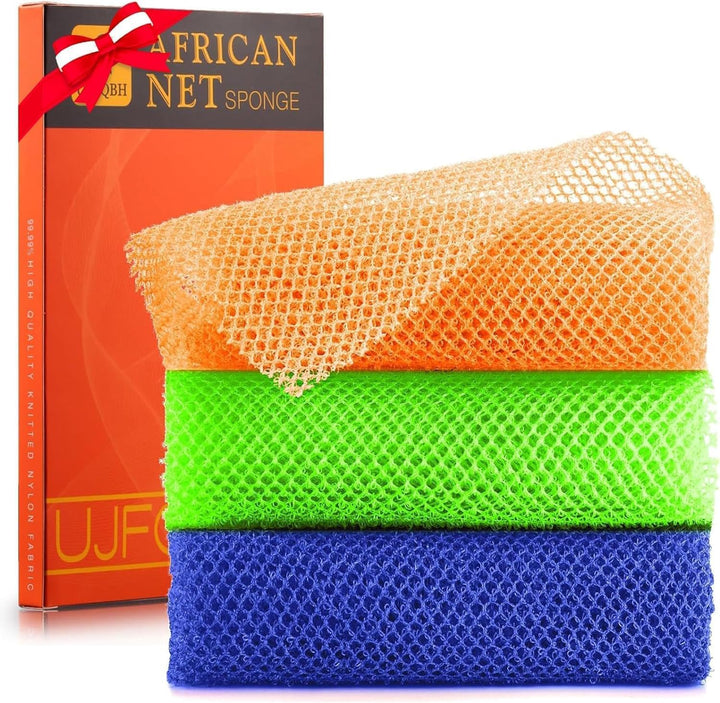 3-Piece African Net Bath Sponge Set | Exfoliating Shower Scrubber | Black, Blue, Brown