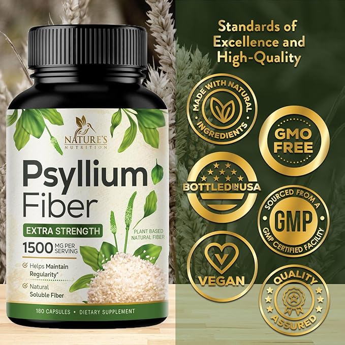 Psyllium Husk Fiber Supplement 1500mg, Natural Daily Soluble & Insoluble Fiber Pills, Psyllium Husk Powder Capsules Supports Digestion Colon Health & Regularity, Plant Based Supplement - 180 Capsules
