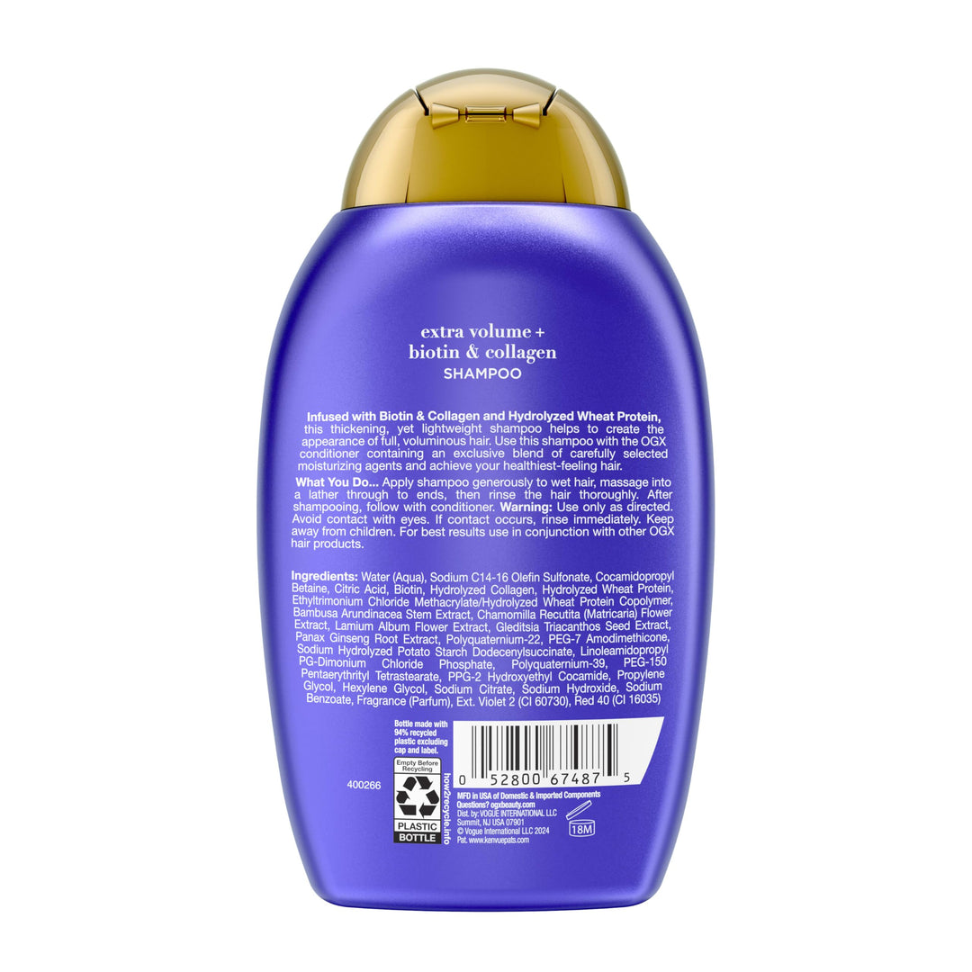 OGX Thick & Full + Biotin Collagen Extra Strength Volumizing Shampoo with Vitamin B7 Hydrolyzed Wheat Protein for Fine Hair. Sulfate-Free Surfactants Thicker, Fuller Hair, 13 Fl Oz