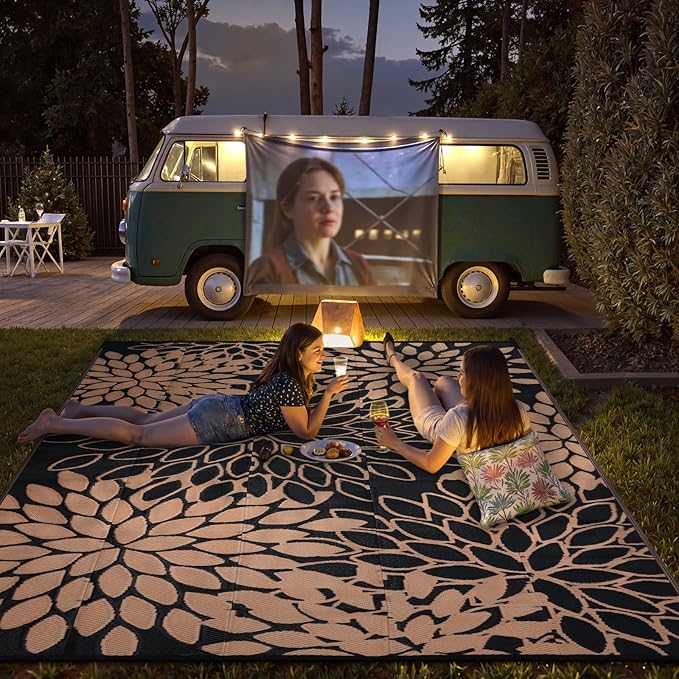 Anidaroel 8x10 Flower Outdoor Rug for Patios Clearance, Waterproof Camping Rug for Outside RV, Reversible Plastic Straw Outside Area Rugs for Garden, Camper, Picnic, Beach(Black/Brown,8'x10')
