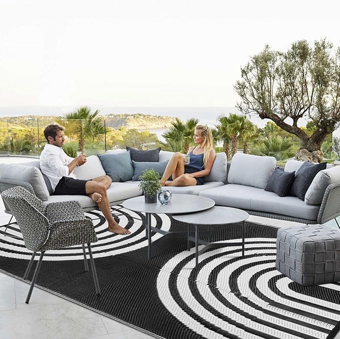 Anidaroel 9x18ft Reversible RV Outdoor Rugs for Camping, Waterproof Patio Rugs Outdoor Clearance, Outdoor Plastic Straw Outside Area Rugs Camping, Pool Deck, Backyard, Picnic(Black&White, 9‘x18')