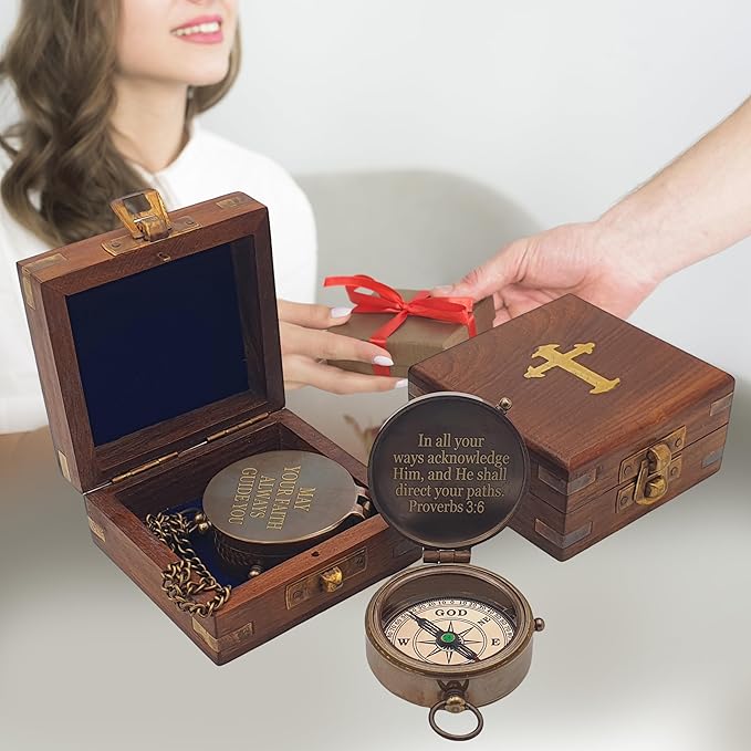 Baptism Gifts for Boys - Engraved Working Handmade Compass with Scripture - Religious, Christian, Catholic, Christening, First Communion, Confirmation Gifts for Teenage Boys and Men