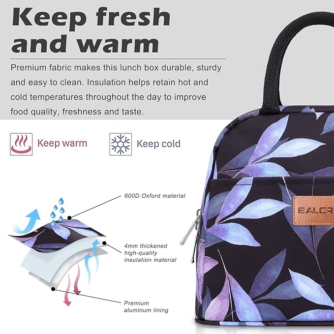 BALORAY Lunch Bag for Women Men Insulated Lunch Box for Adult Reusable Lunch Tote Bag for Work, Picnic or Travel (Blue Leaves)