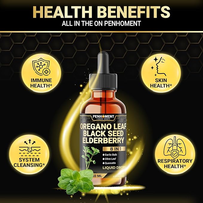 8in1 Oil of Oregano Drops with Black Seed Oil Liquid | Contains Carvacrol | Garlic, Elderberry, Olive Leaf, Quercetin, Bromelain - 2 Fl Oz
