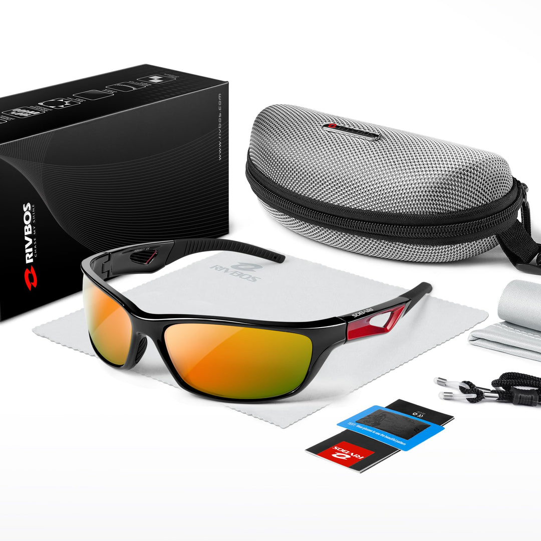 RIVBOS Polarized Sports Sunglasses Driving Sun Glasses Shades for Men Women Tr 90 Unbreakable Frame for Cycling Baseball Run Rb831 (Black&Red Mirror Lens), Large