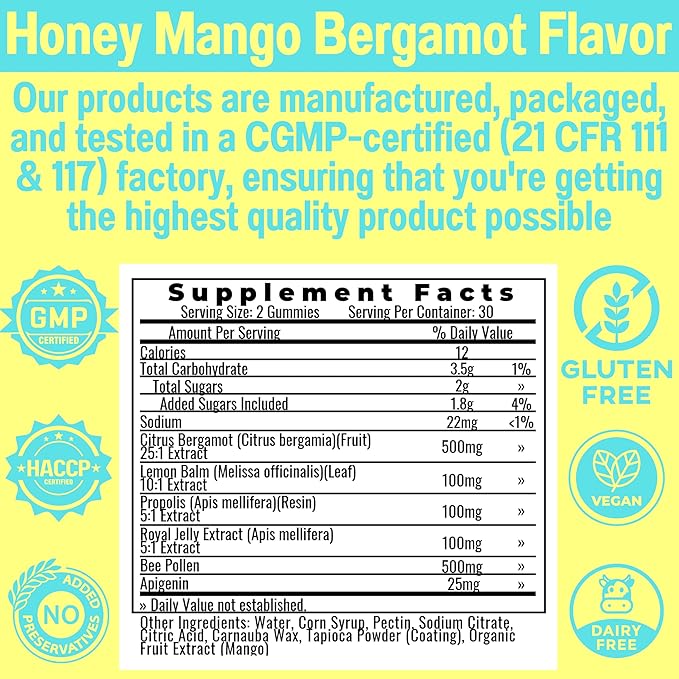 Bee Pollen Apigenin Citrus Bergamot Gummies w Organic Propolis Royal Jelly Honey Lemon Balm Extract, Supplement for Men Kids, Tincture Drops Powder Capsule Herb Capsules Supplements Alt, Pollan Polen
