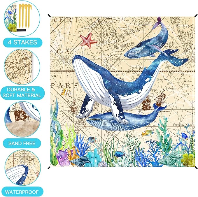 Beach Blanket, Sandproof Beach Mat 79" X 82" for 4-7 Adults, Large Waterproof Beach Blanket Quick Drying Lightweight Beach Blanket with 4 Stakes for Travel Camping Hiking(Whale)