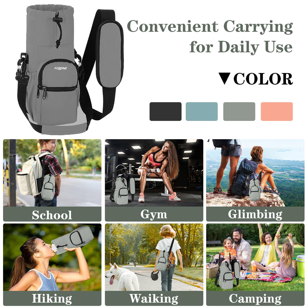 FCQQYWZ 25/32/40 oz Water Bottle Carrier Bag Sling Case, Sports Insulated Crossbody Water Bottle Holder with Adjustable Shoulder Strap and 4 Pockets for Men Women Hiking Camping Travelling (GRAY)