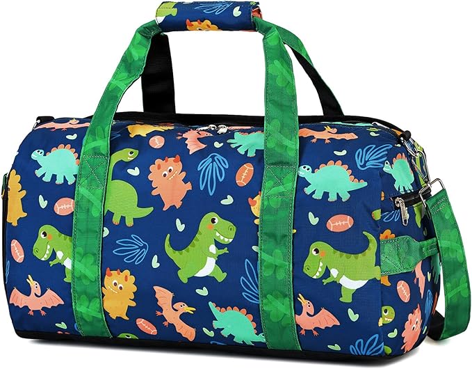 LOIDOU Duffle Bag for Boys Sport Gym Bag Kids Overnight Bag Girls Weekender Bag with Wet Pocket & Shoe Compartment (Dinosaur Navy)