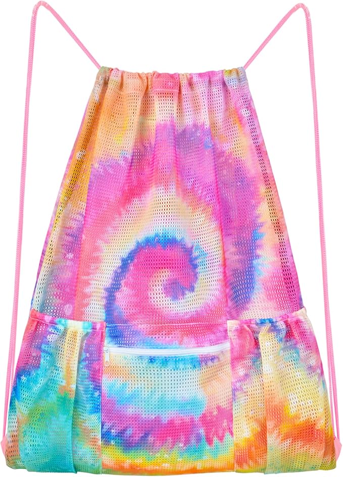 Fiodrimy Mesh Drawstring Backpack Bag Beach Bag with Zipper Pocket Gym Backpack Bag for Swimming Gear Gym Storage Bag for Adult Kids (Tie Dye)