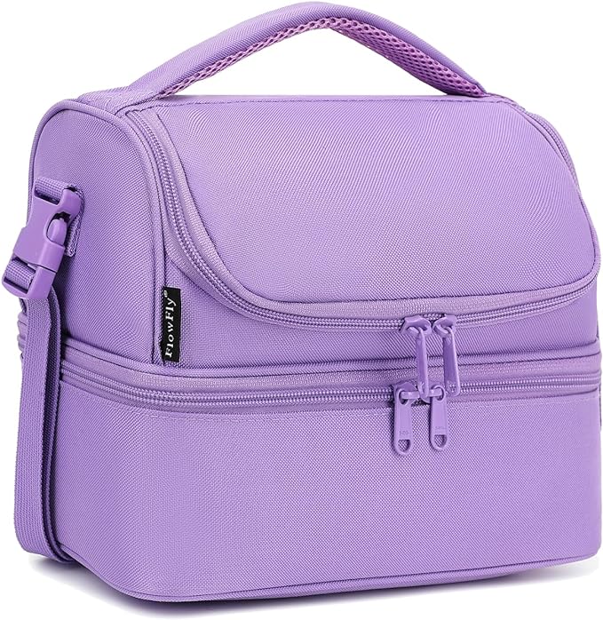 FlowFly Double Decker Cooler Insulated Lunch Bag Large Tote for Boys, Girls, Men, Women, with Adjustable Strap,Purple