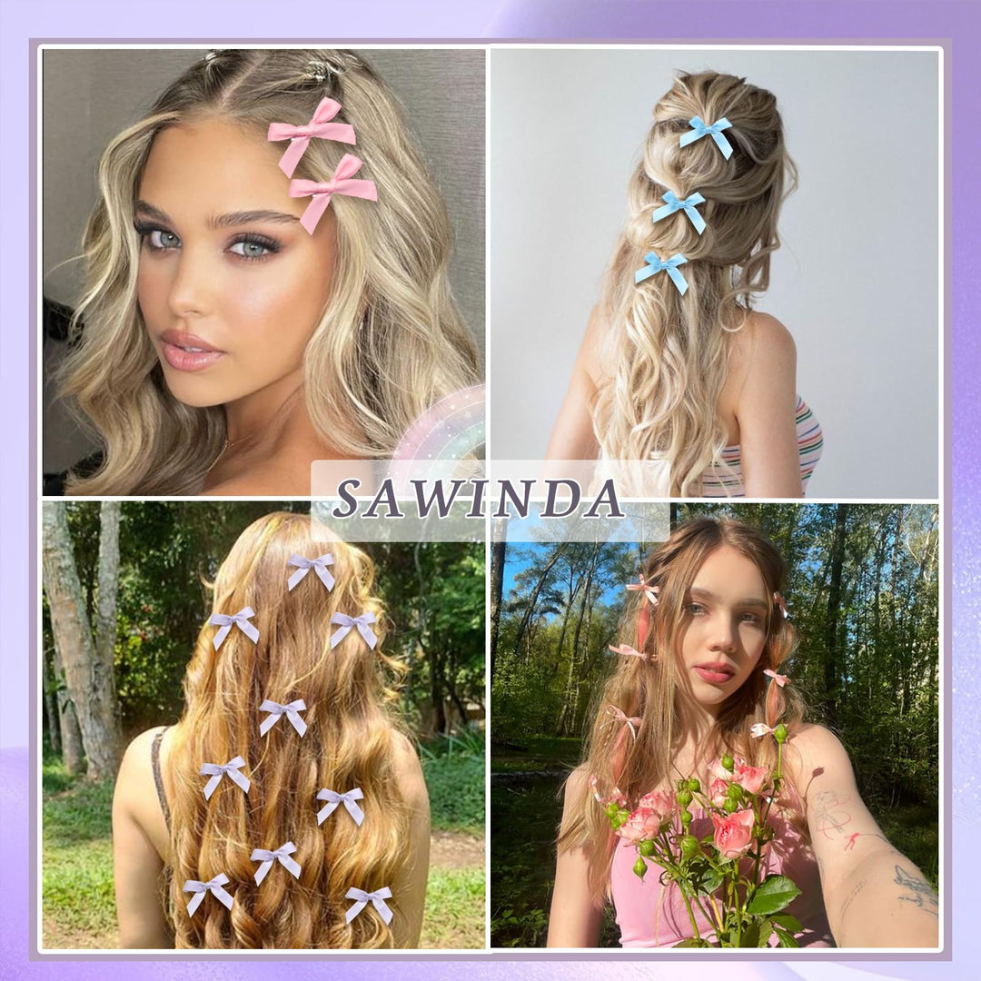 SAWINDA 30PCS Hair Accessories: Pink Satin Bows, Blue Mini Ribbons, Non-Slip Barrettes - Cute Clips for Kids, Women, and Girls