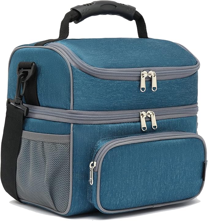 FlowFly Double Layer Cooler Insulated Lunch Bag Adult Lunch Box Large Tote Bag for Men, Women, With Adjustable Strap,Front Pocket and Dual Large Mesh Side Pockets