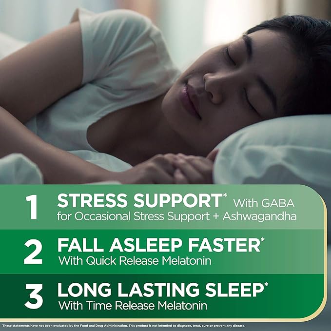 Stress Support Melatonin by Nature's Bounty, Sleep3 Maximum Strength 100% Drug Free Sleep Aid, Dietary Supplement with Ashwagandha, Time Release Technology, 10mg, 28 Tri-Layered Tablets
