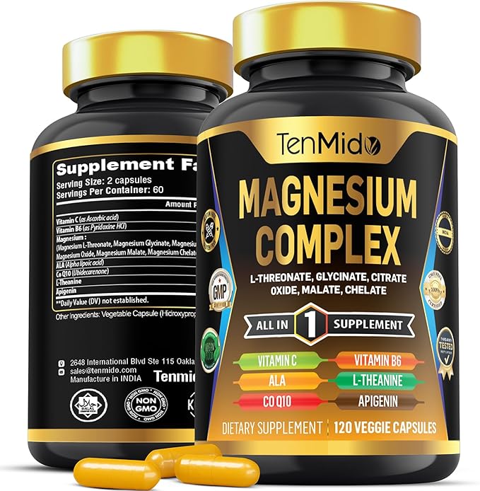 Magnesium Complex Supplement - 6 Types of Magnesium Glycinate, L-Threonate, Citrate, Oxide, Malate, Chelate - Combine with ALA, CoQ10, L-Theanine, Apigenin & More - 120 Capsules