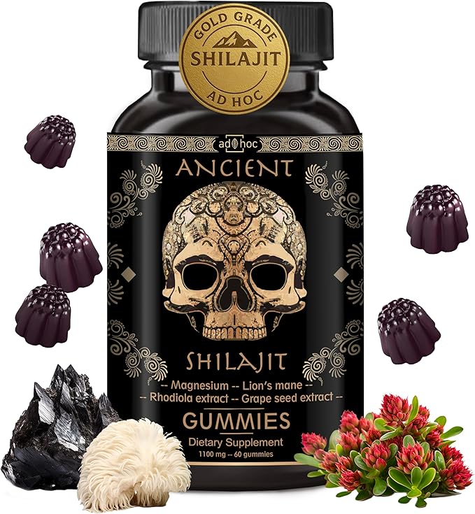 ad hoc 1100mg Gold Shilajit Gummies with Magnesium, Lions Mane, Rhodiola, Grape Seed - Himalayan Shilajit for Men Women, 85+ Trace Minerals & Fulvic Acid, Pure Shilajit for Energy Immune Support,60 Ct