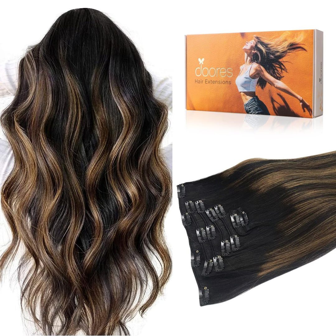 Doores Hair Extensions Clip In Real Natural Black To Chestnut Brown 120G 22 Inch 7Pcs Balayage Clip In Human Hair Extensions Nat