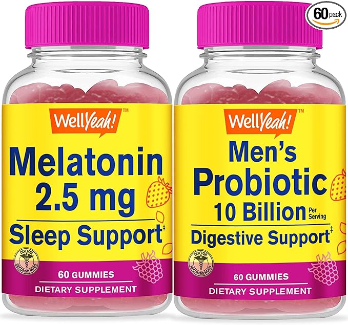 Melatonin 2.5mg + Probiotic Men 10B CFUs, Gummies Bundle - Great Tasting, Vitamin Supplement, Gluten Free, GMO Free, Chewable Gummy
