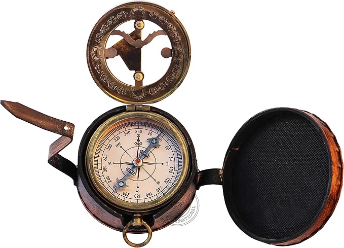 MAI Brass Sundial Compass Beautiful Gift Item with Leather Case - Sun Clock - Steampunk Accessory – Nautical Gift – Wedding Gifts for Him – Sundial Watch