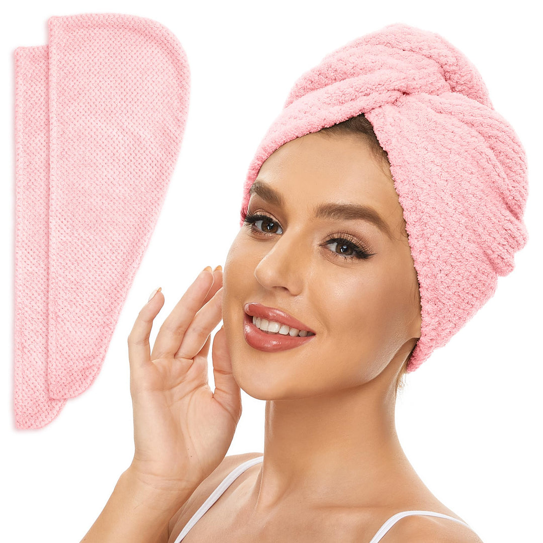 SimpleField 2 Pack Microfiber Hair Towel Wrap for Women, Anti Frizz Quick Drying Hair Turban for All Hair Style, Absorbent and Lightweight (Pink)