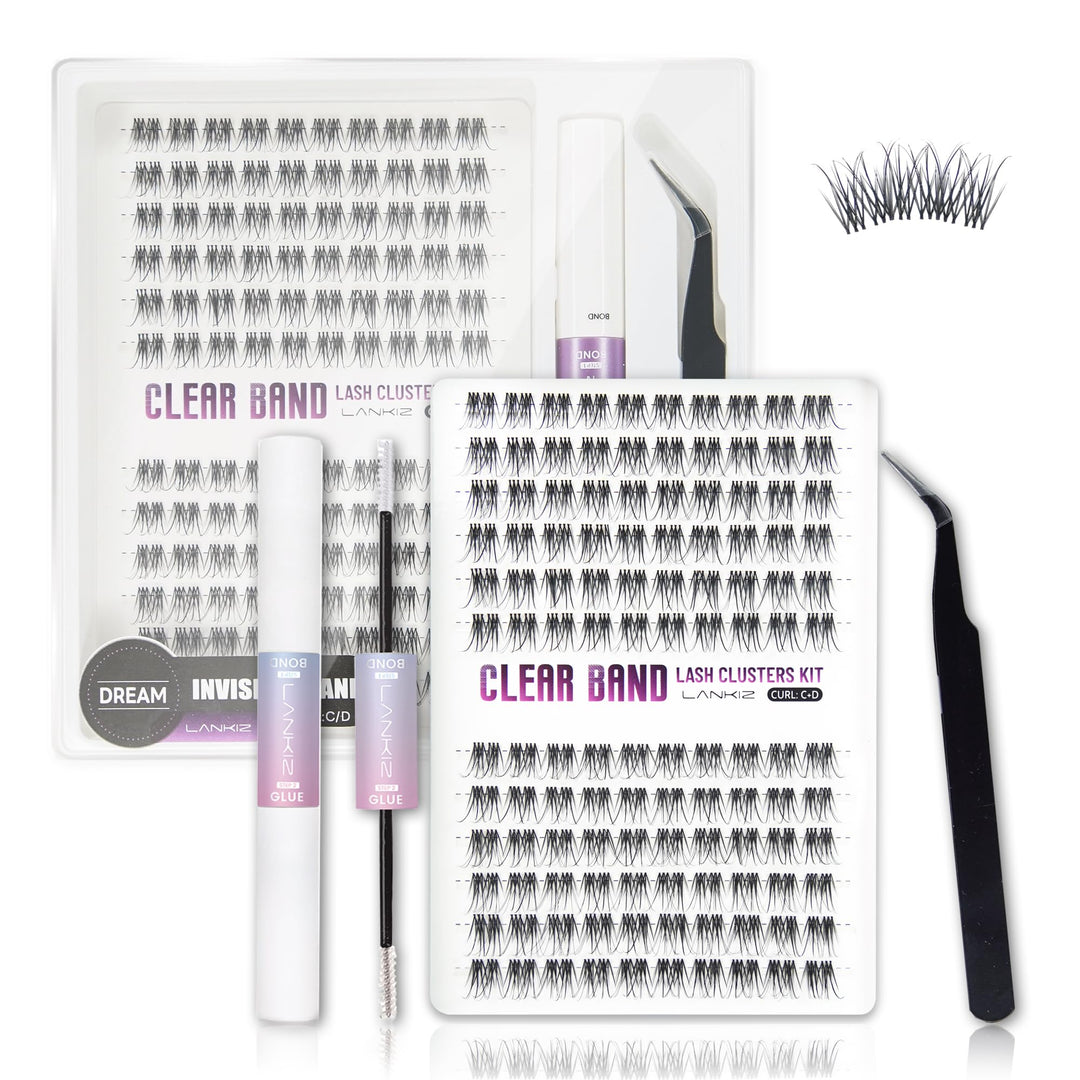 Lash Clusters Kit – LANKIZ Wispy & Fluffy Natural Eyelash Extensions, Invisible Band Individual Lashes Clusters, C+D Curl DIY Lash Extension Kit with Bond & Seal Glue for Beginners (Dream)