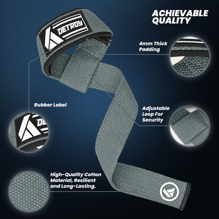 Detroy® Lifting Wrist Straps for Weightlifting, Deadlifts, Bodybuilding, Powerlifting, Gym Strength Training Workouts - Padded Neoprene with 24 inch Webbing Cotton with Silicone Grip for Men & Women (Grey)