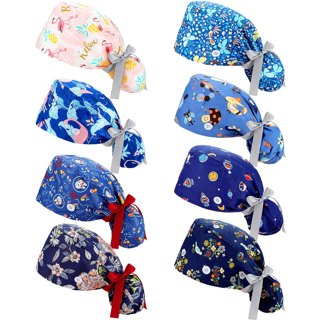 8 Pieces Scrub Caps With Buttons Bouffant Hats With Sweatband Adjustable Ponytail Holder For Women (Classic Pattern)