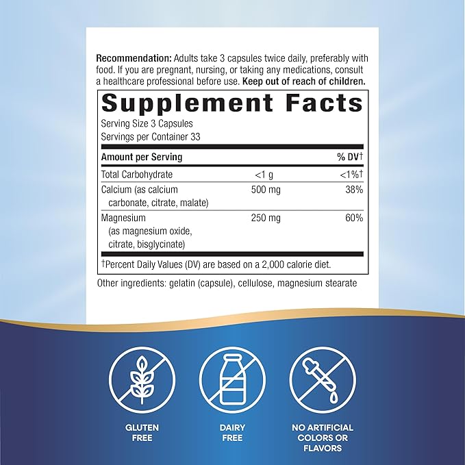 Nature's Way Calcium & Magnesium Mineral Complex, Supports Bone Health & Muscle Function,* 750 mg per 3-Capsule Serving, 100 Capsules (Packaging May Vary)