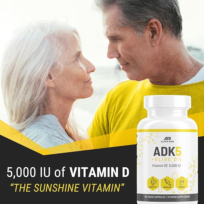 ADK Vitamin Supplement + Olive Oil for Better Absorption | ADK 5 Supplement with Vitamin A D and K | 5000 iu of Vitamin D3 + K2 (MK7+MK4) | 90 Liquid Capsules | Vegetarian | Non-GMO