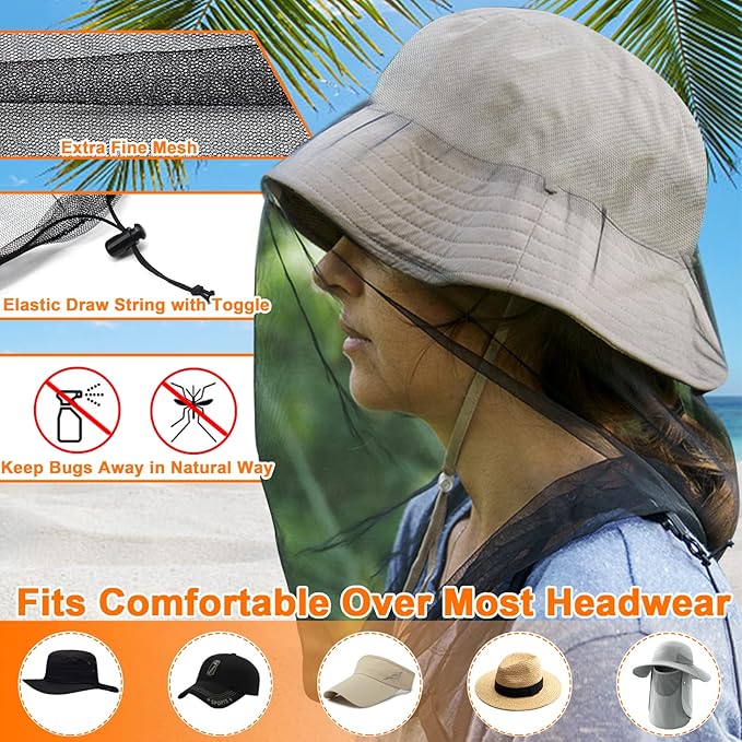 Benvo Mosquito Head Net Mesh, Face Neck Fly Netting Hood from Bugs Gnats Noseeums Screen Net for Any Outdoor Lover- with Carry Bags Fits Most Sizes of Hats Caps (2pcs, Black, Updated Big Net)
